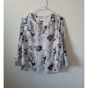 Talbots Petite Blouse Top Long Sleeve V Neck Floral‎ Black White Size M